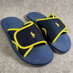 RALPH LAUREN Polo Mens 12 Slides Mesh Sandals Adjustable Navy Gold Pony Slip Ons